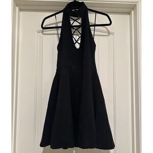 Express Halter Dress Sz M Petite Black Crisscross Keyhole Fit and Flare Backless